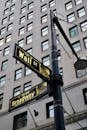 Street signs at the intersection of Wall Street and Broadway in New York City.