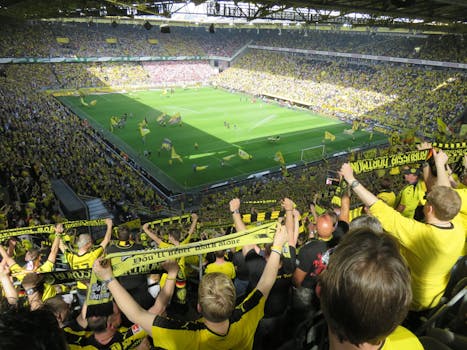 Excited Borussia Dortmund fans cheering during an intense soccer match at the stadium.